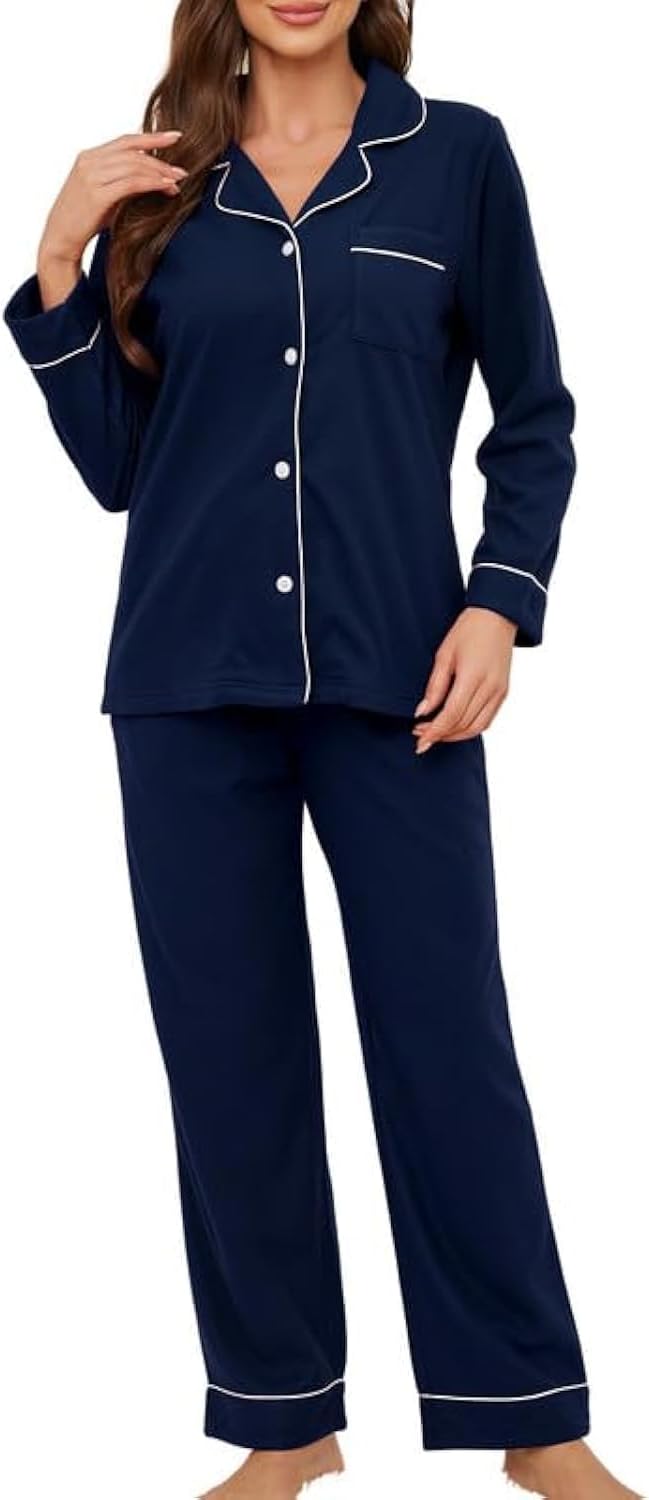 Womens Button Up Pajama Sets Soft Long Sleeve Pajamas for Women Warm Flannel Knit Lounge Sets