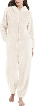 Women's Onesies Pajamas Sherpa Fleece One Piece Romper Zipper Cute Hooded Jumpsuit Pajama Loungewear