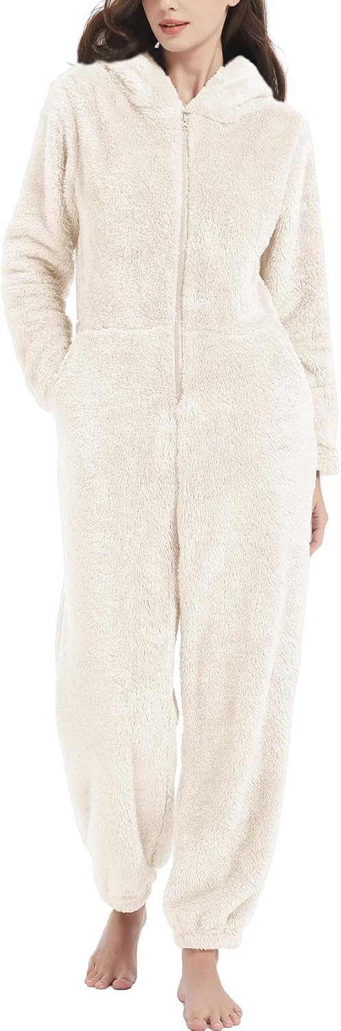 Women's Onesies Pajamas Sherpa Fleece One Piece Romper Zipper Cute Hooded Jumpsuit Pajama Loungewear