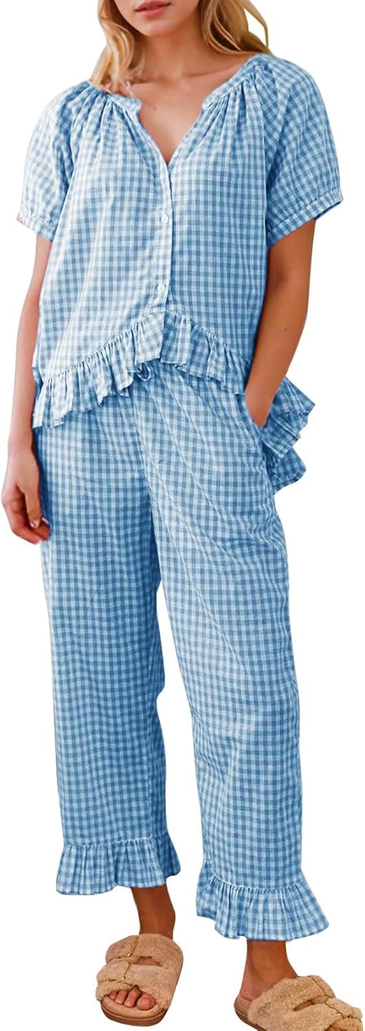 Womens 2 Piece Gingham Pajamas Set Cute Plaid Pjs Cotton Short Sleeve Babydoll Shirt Ruffle Pants Lounge Sets