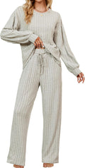Womens Lounge Set Cute Long Sleeve Pajama Sets Casual 2 Piece Pj Outfit Fall Sleepwear Pockets