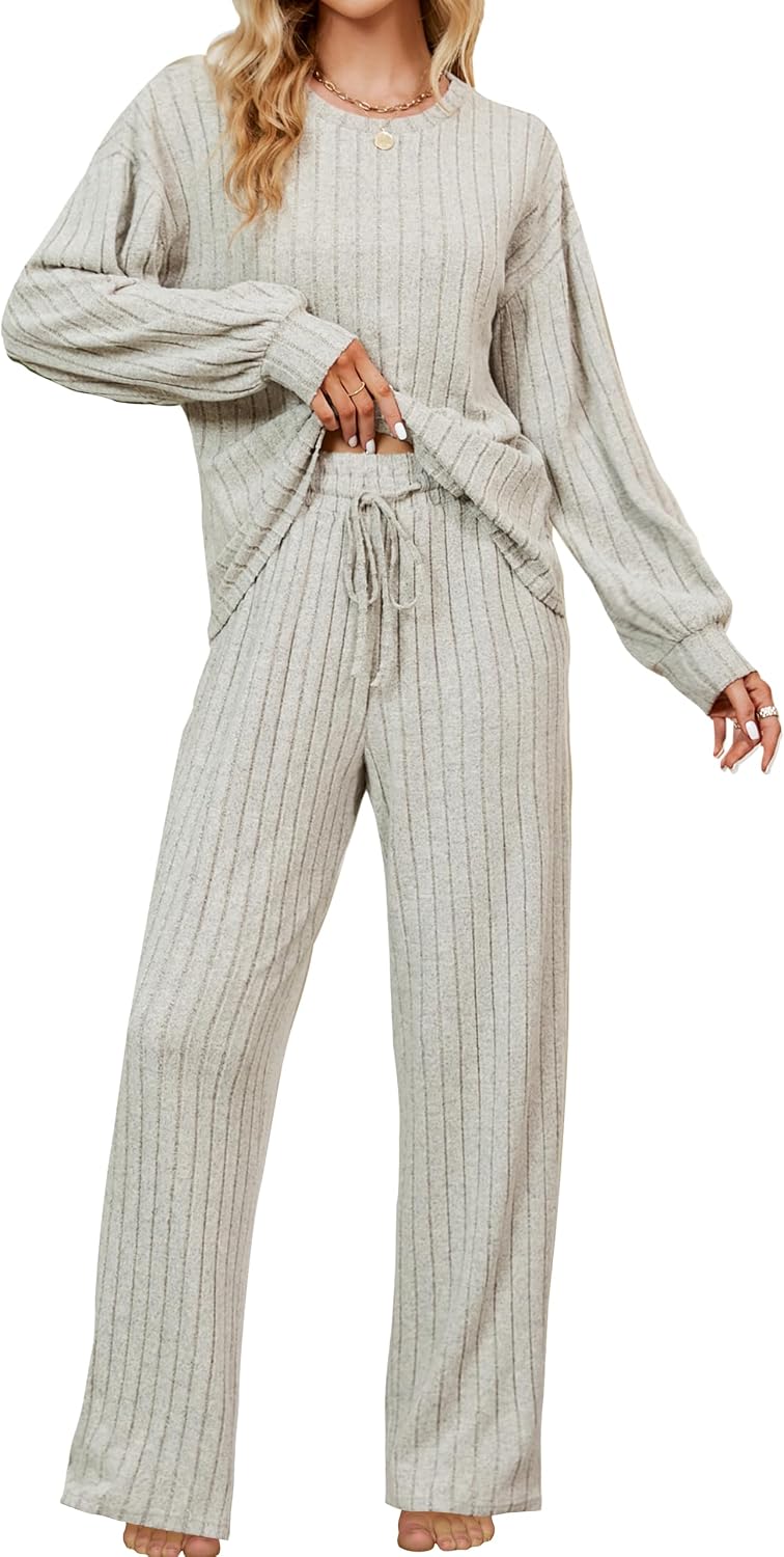 Womens Lounge Set Cute Long Sleeve Pajama Sets Casual 2 Piece Pj Outfit Fall Sleepwear Pockets