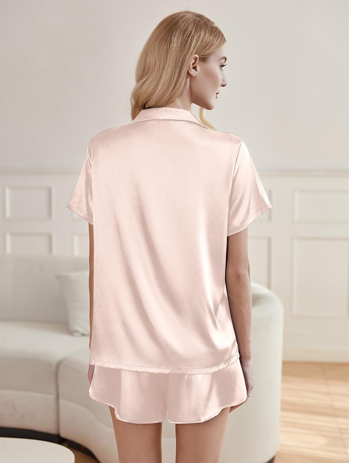 Short-Sleeve Satin Two-Piece Button-Up Loungewear Set