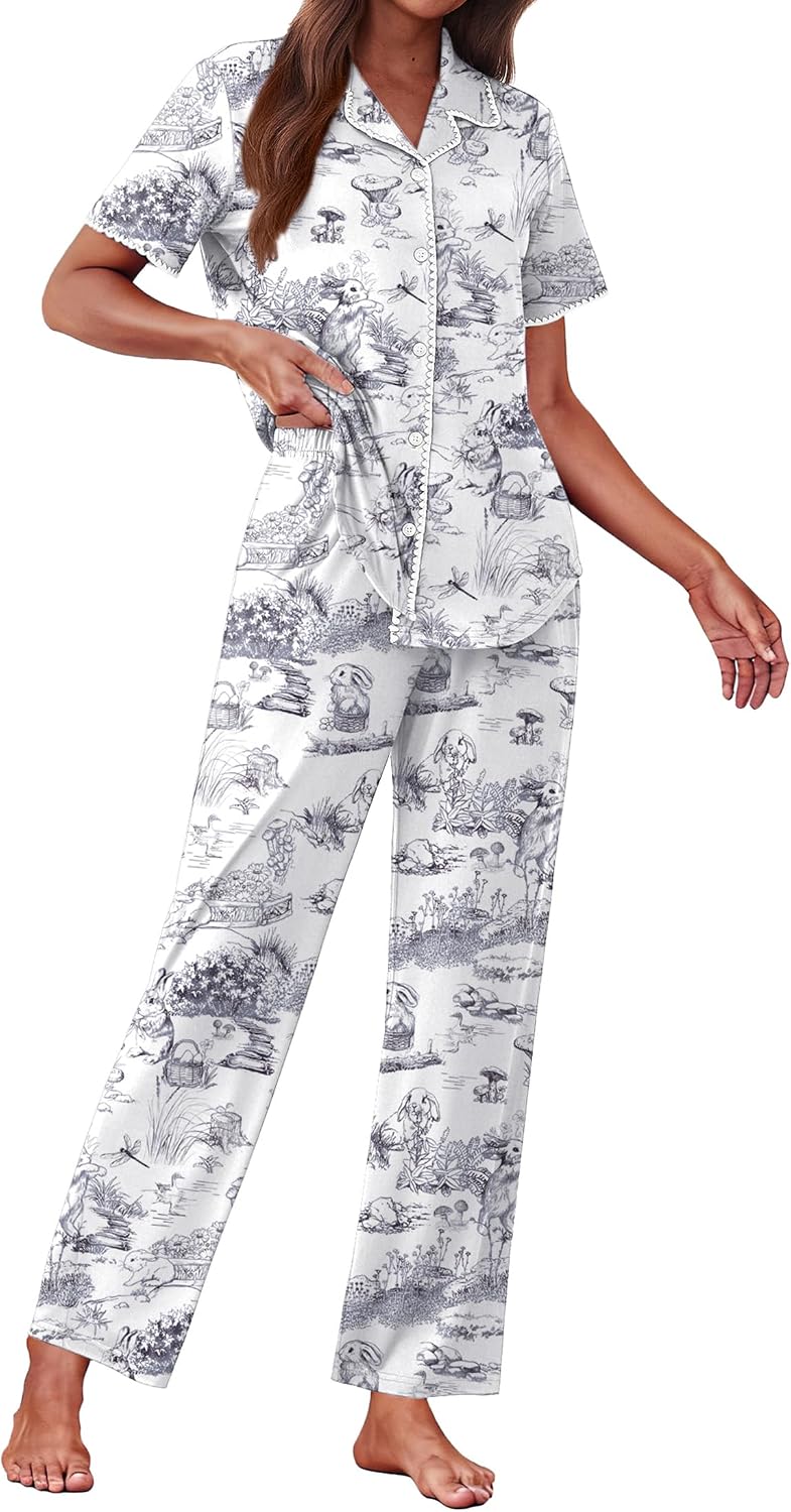 Women's Pajama Sets Button Down Loungewear Short Sleeve Sleepwear 2 Piece Pants Pjs Set with Pockets