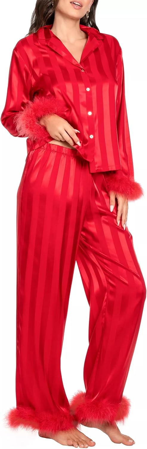 Women Satin Pajamas Striped Feather Trim Pjs Long Sleeve Button Down Shirt Pants Vacation Matching Silk Lounge Set