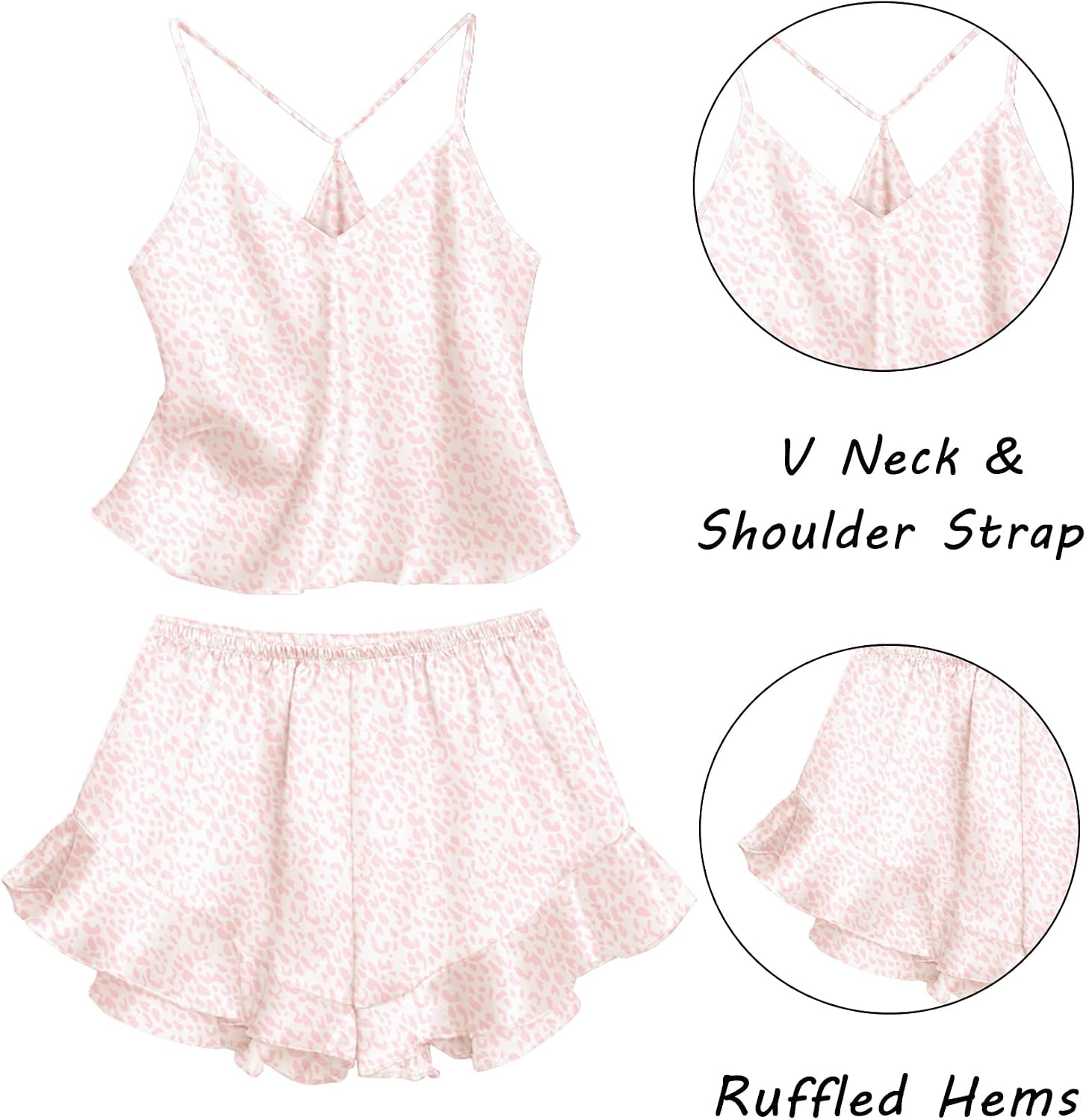 Women's Satin Pajama Set, Silk Lingerie, Ruffled Print Pajamas