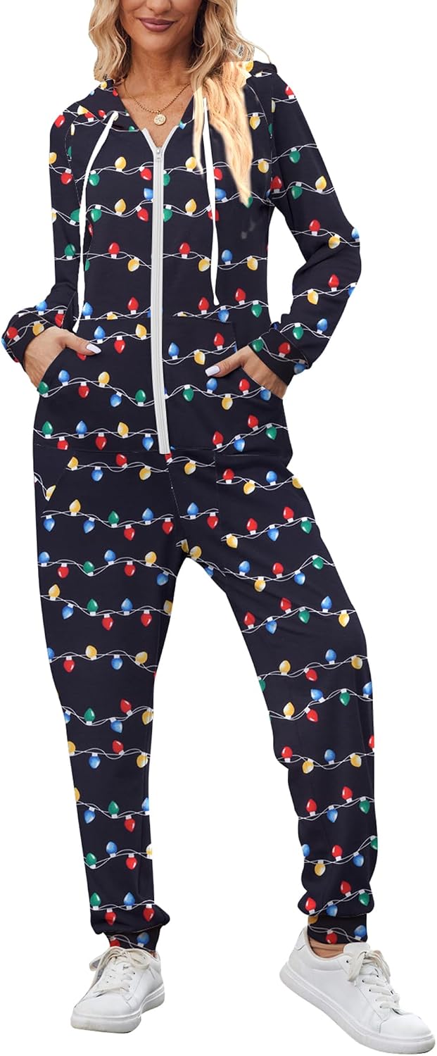 Christmas Onesies for Women Zipper Hooded Onesie Pajamas Adult Soft One Piece Pajama with Pockets
